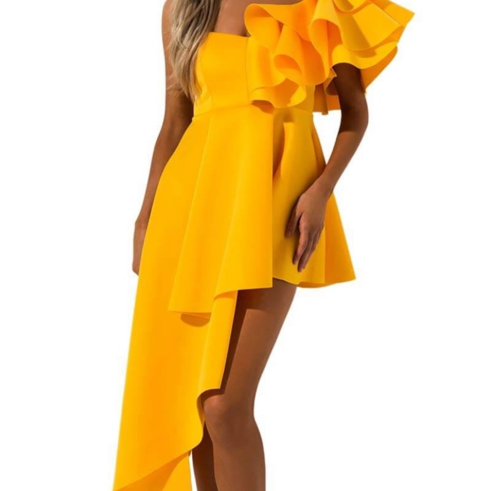 Yellow One sleeve ruffle high low maxi dress